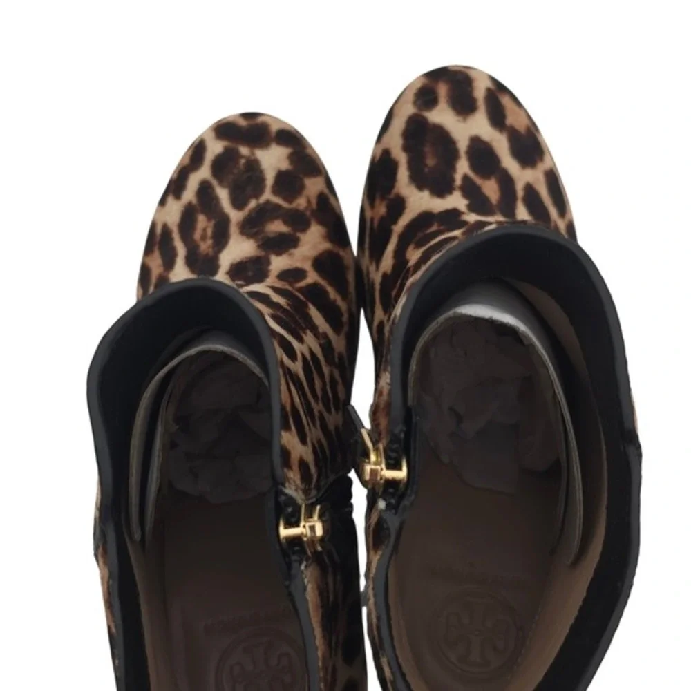 Tory‎ Burch Laila Leopard Calf Hair Ankle Boots Size 6 Block Heel Bow Tie NWOT